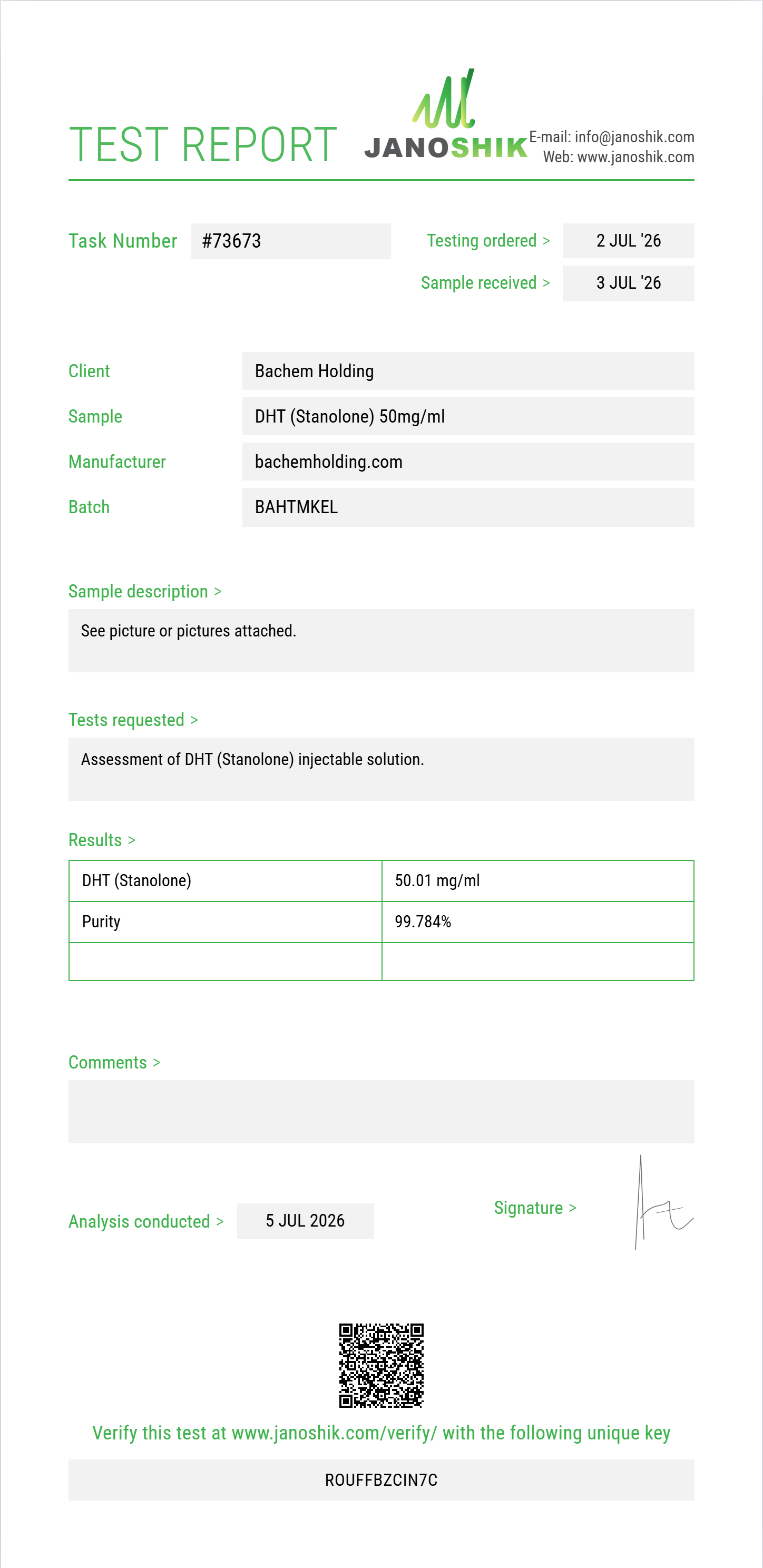 DHT (Stanolone) Purity (HPLC) report by Janoshik Analytical