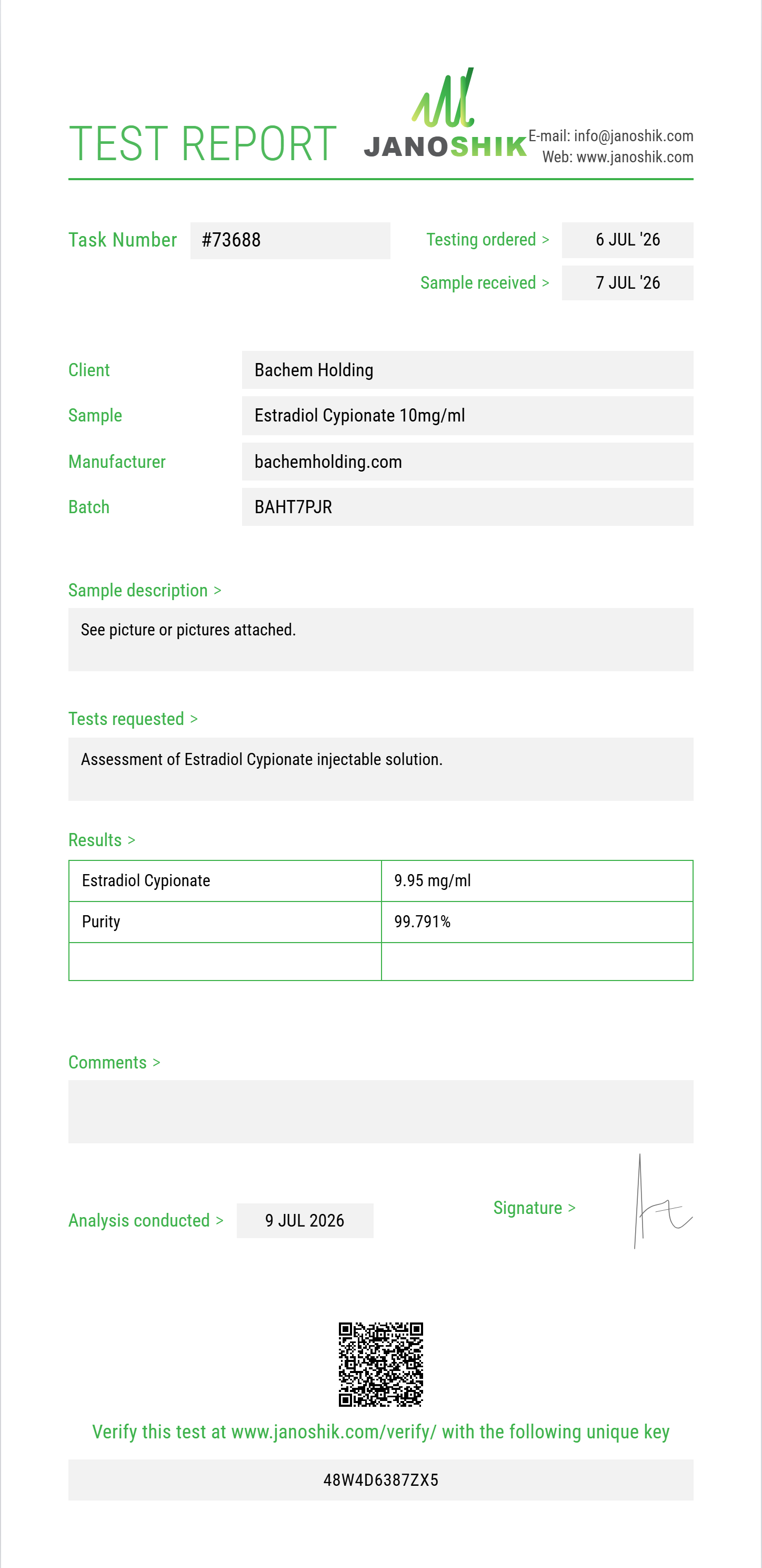 Estradiol Cypionate Purity (HPLC) report by Janoshik Analytical