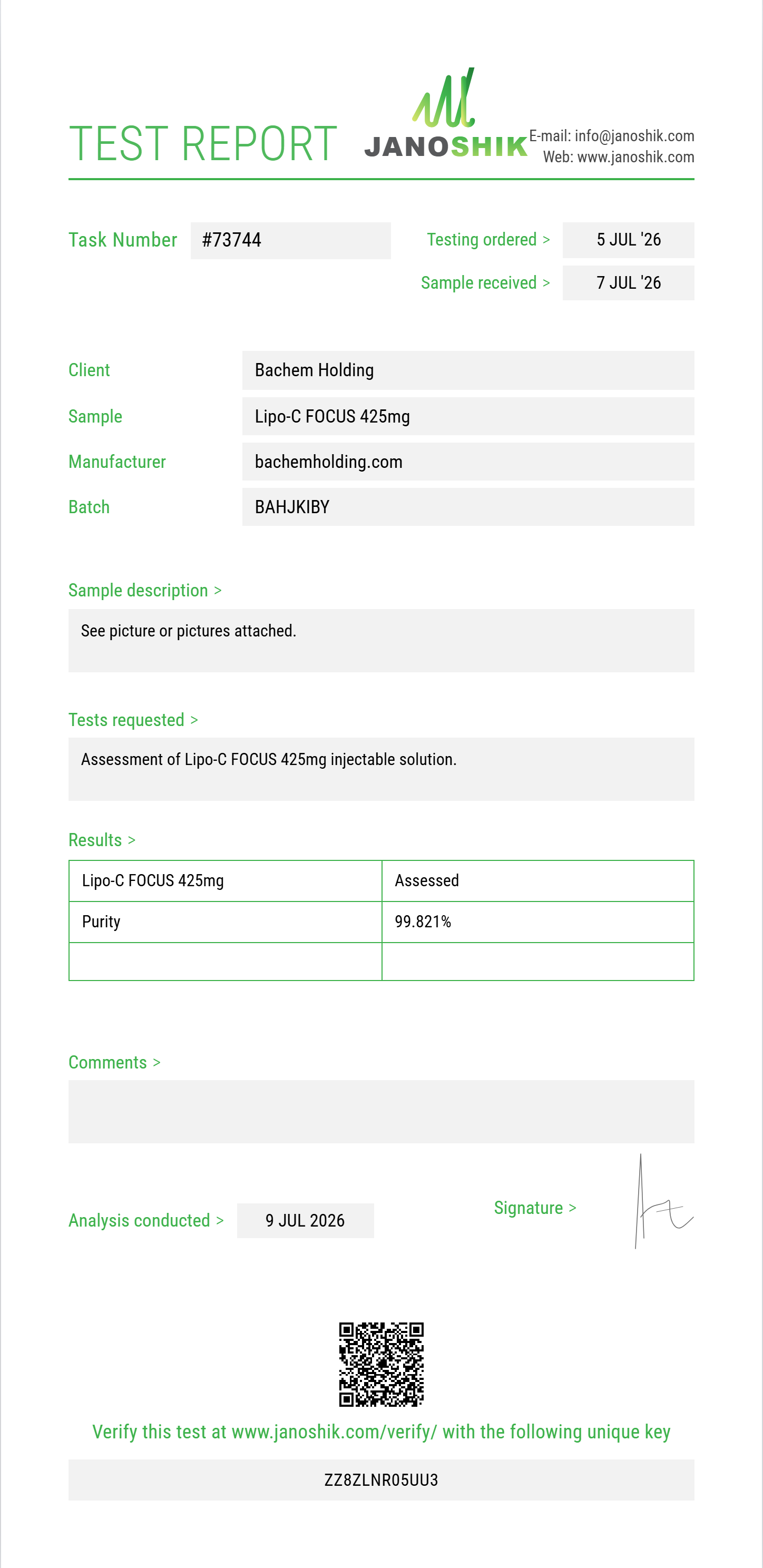 Lipo-C FOCUS 425mg Purity (HPLC) report by Janoshik Analytical