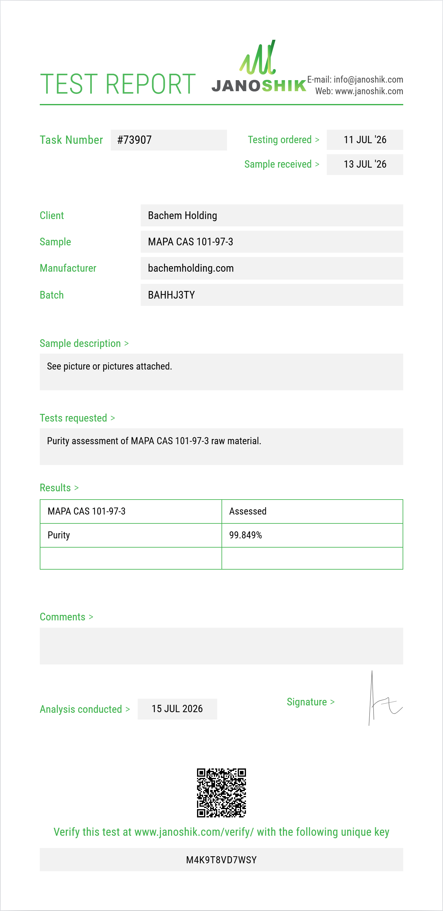 MAPA (methyl alpha-phenylacetoacetate) CAS 101-97-3 Purity (HPLC) report by Janoshik Analytical