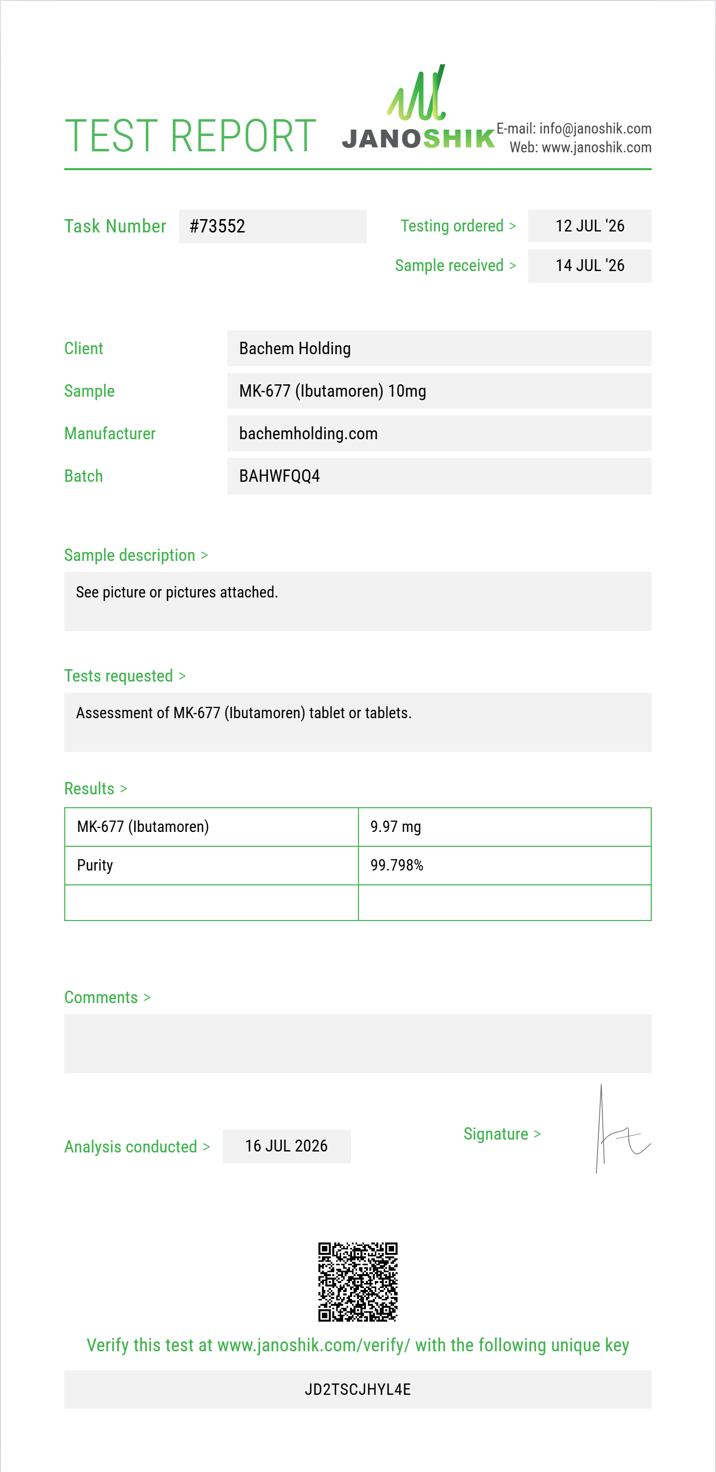 MK-677 (Ibutamoren) Purity (HPLC) report by Janoshik Analytical