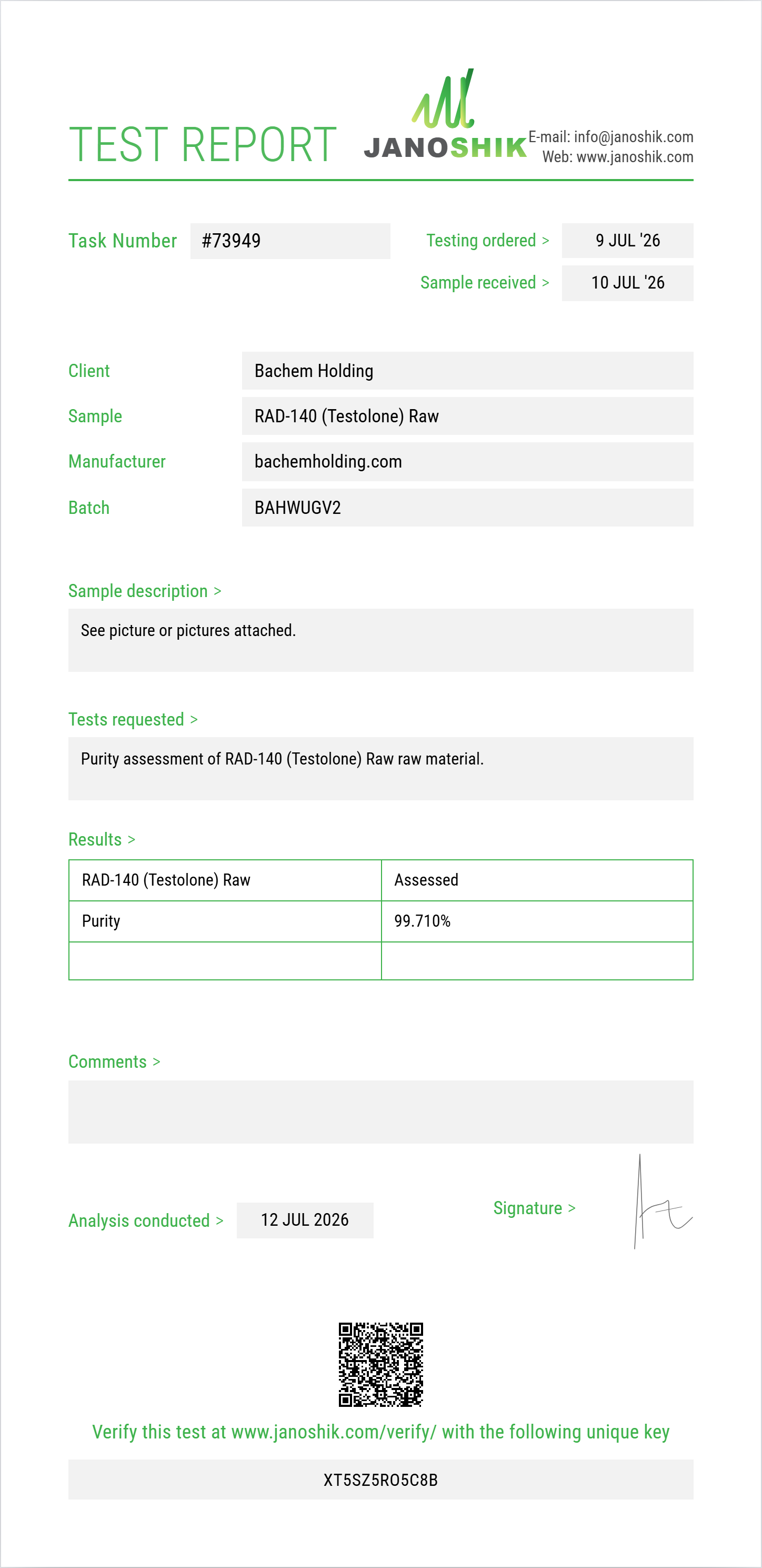 RAD-140 (Testolone) Raw Purity (HPLC) report by Janoshik Analytical