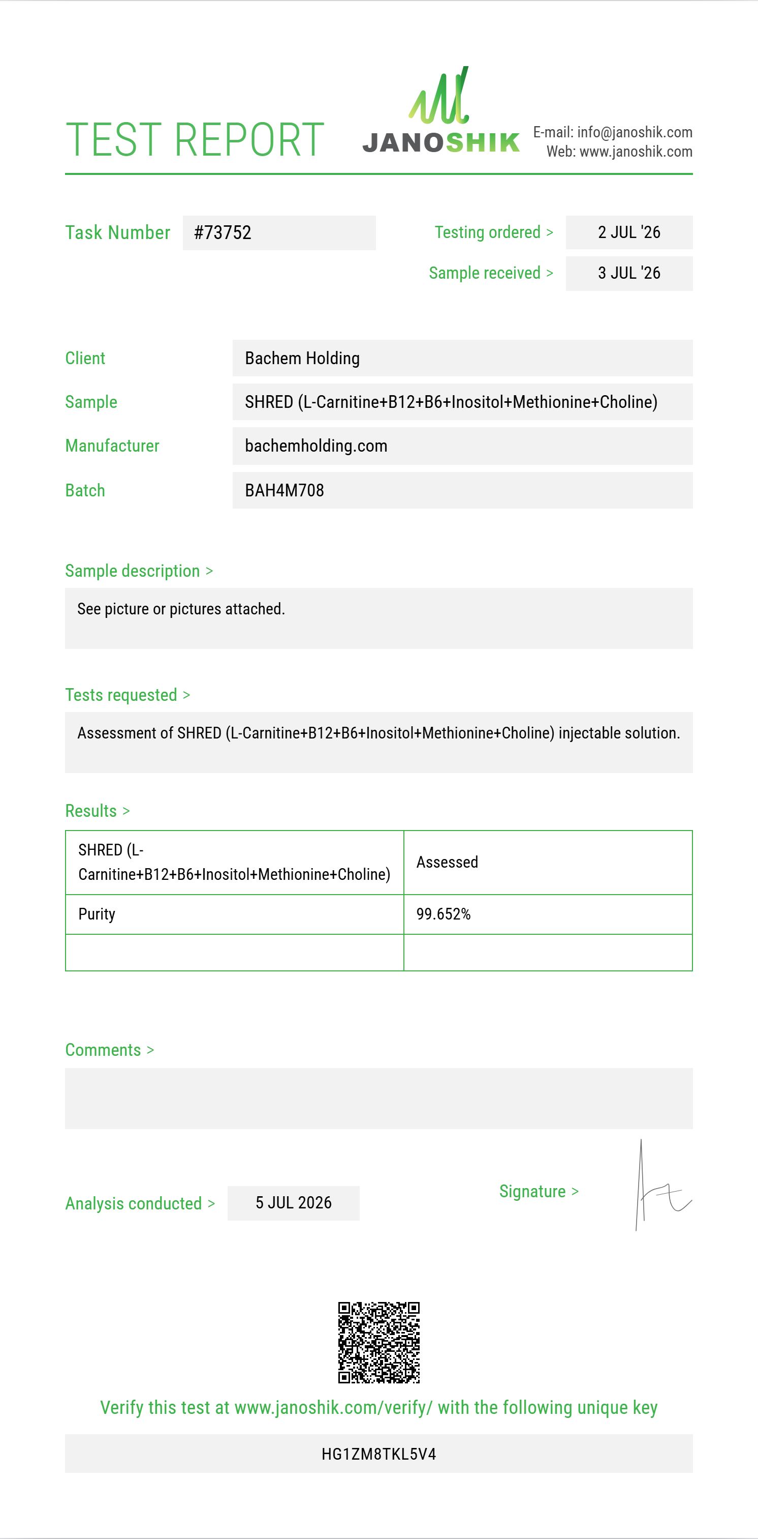 SHRED (L-Carnitine 200mg+B12+B6+Inositol+Methionine+Choline) Purity (HPLC) report by Janoshik Analytical